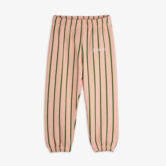 Mini Rodini vertical stripe sweatpants in pink with green stripes. Designed with an elasticated waistband, ribbed cuffs, and a relaxed fit for comfort.