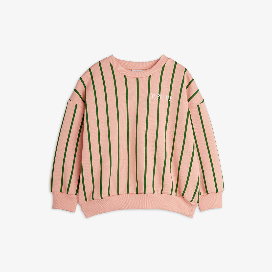 Front view of the Mini Rodini Vertical Stripe Sweatshirt in Pink, showcasing a relaxed fit, green vertical stripes, and an embroidered logo on the chest.