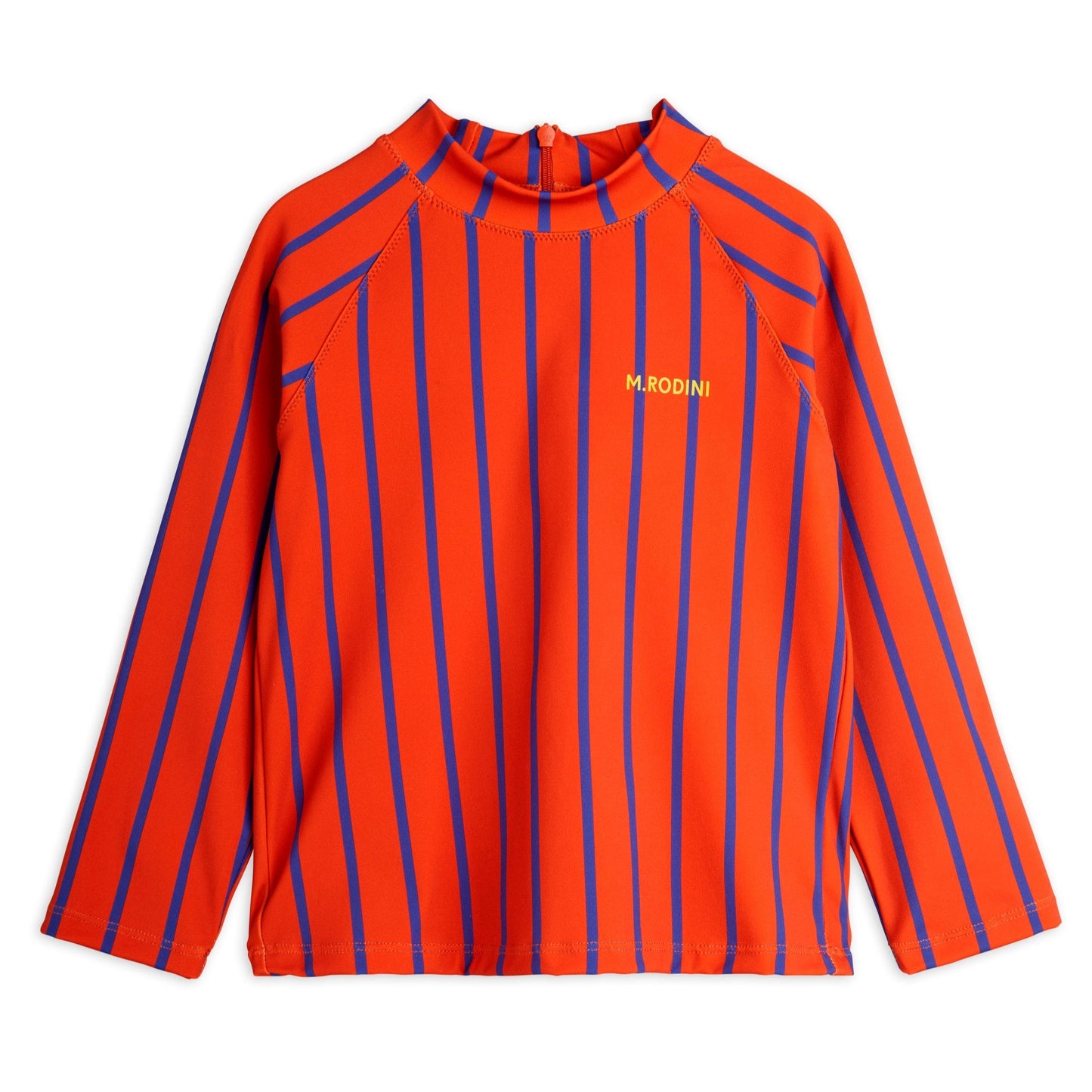 A long-sleeve children’s rash guard in bold orange with vertical blue stripes. Designed with a high neckline, back zip closure, and a small "M. Rodini" logo on the chest.