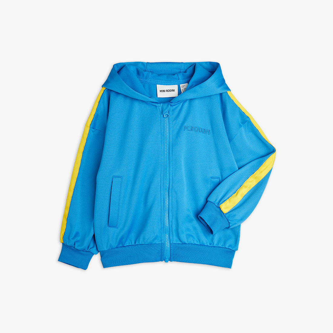 Bright blue Mini Rodini WCT hoodie with yellow stripe detailing along the sleeves, a zip-up front, ribbed cuffs and hem, and a hood.