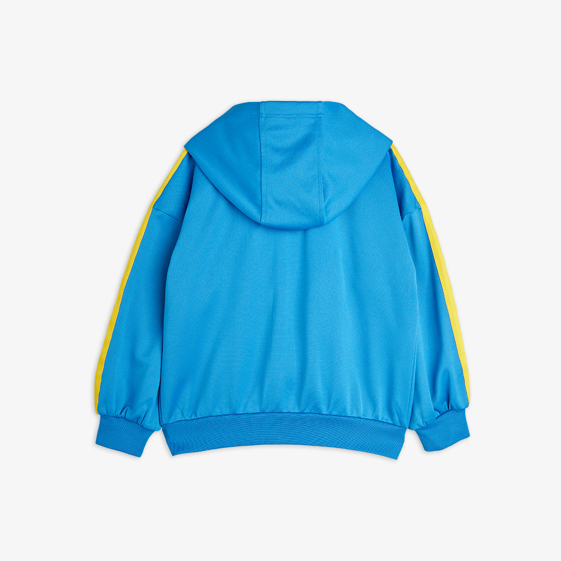 Back view of the Mini Rodini WCT hoodie in bright blue with yellow sleeve stripes and a generously sized hood.