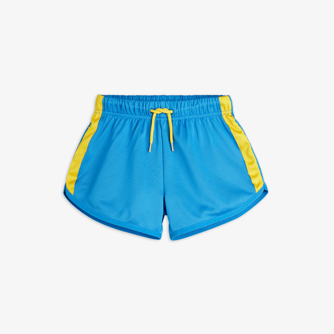 Mini Rodini WCT shorts in bright blue with yellow stripe detailing along the sides. Featuring an elasticated waistband with a contrasting yellow drawstring and curved hems for a sporty look.