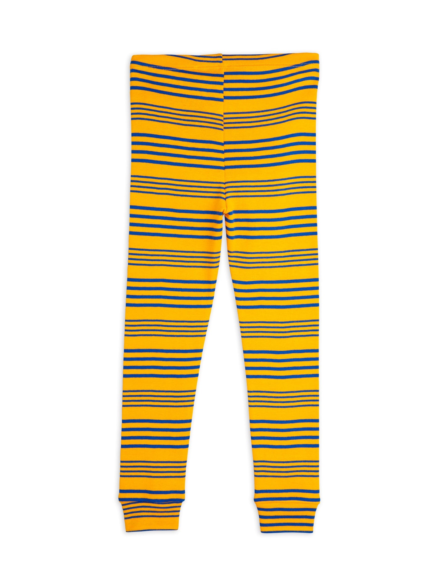 Mini Rodini ribbed leggings in yellow with blue and black horizontal stripes, shown from the back. Featuring a snug fit, ribbed cuffs, and an elasticated waistband.