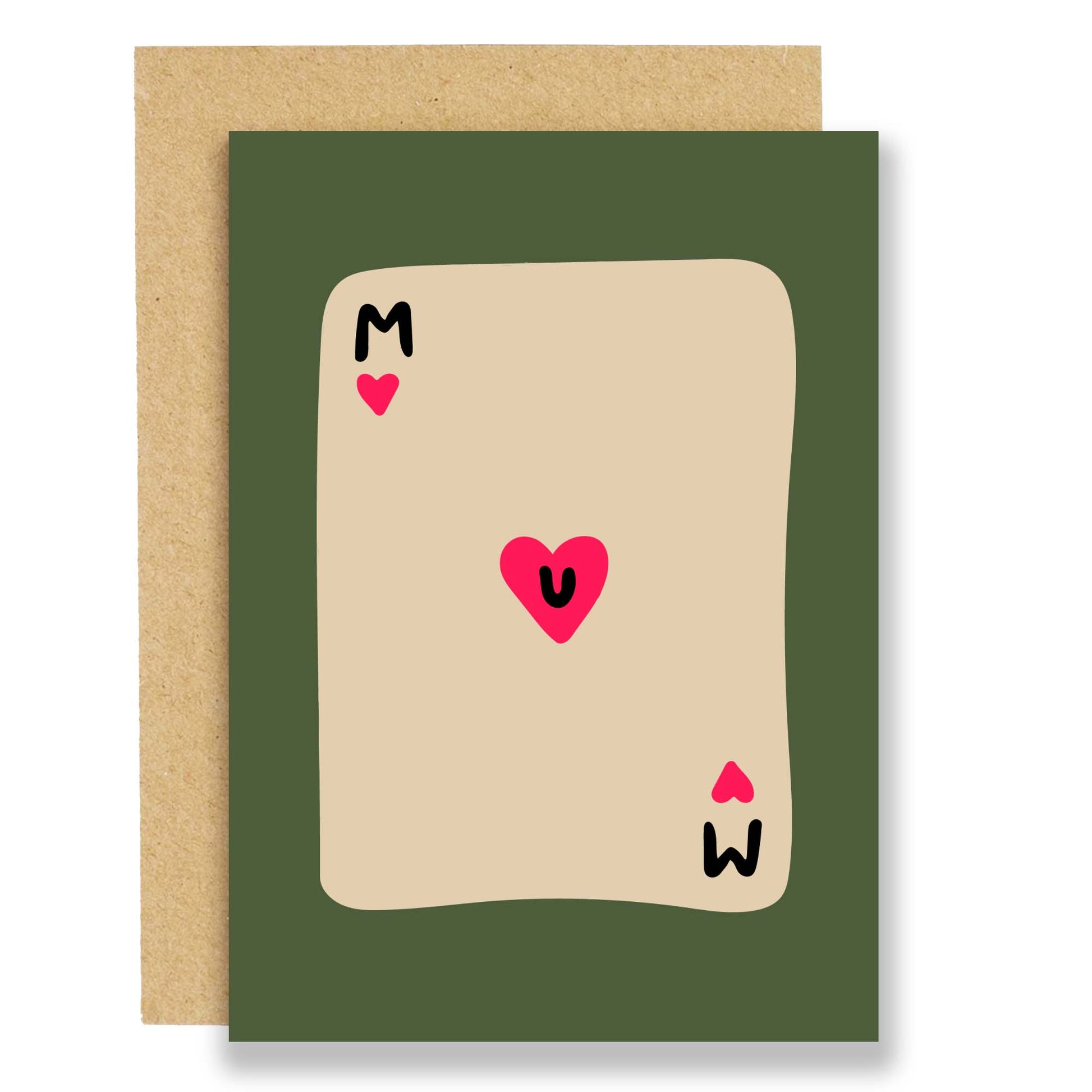 Ace of hearts card with the letters m,u,m, placed diagonally, the letter U inside a pink heart, the card is on a green background.