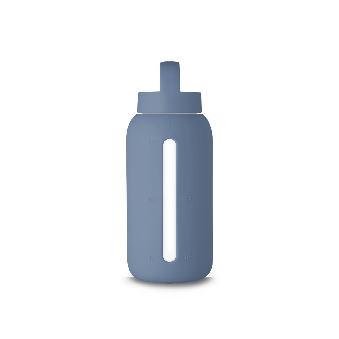 Muuki refillable borosilicate glass water bottle, ideal for water, tea, and herbal infusions, promoting sustainable hydration. In shadow slate blue colour way