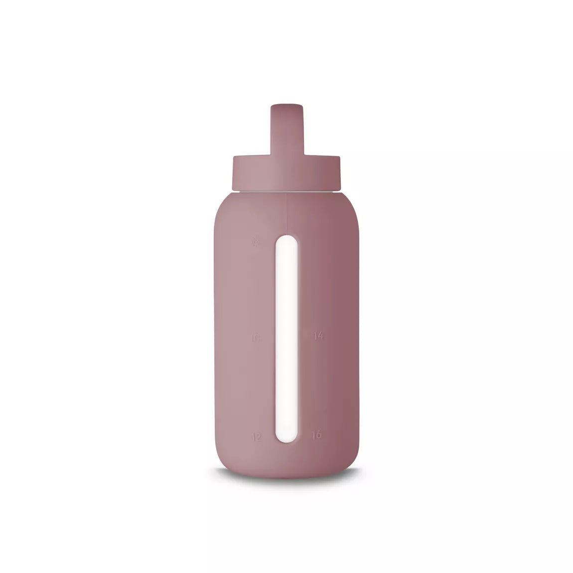 A matte Silicone covered glass bottle, with a window to see the drink on the inside, in a Light mauve purple colour with a plastic screw top circular lid with a handle