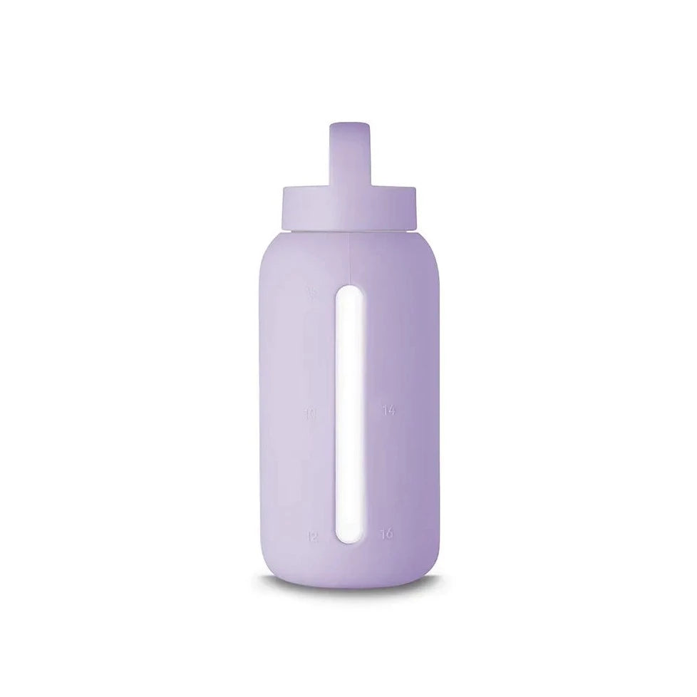 A matte Silicone covered glass bottle, with a window to see the drink on the inside, in a baby Lilac purple colour with a plastic screw top circular lid with a handle