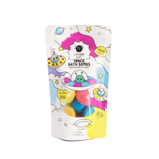 Colourful space bath bombs for kids, featuring red, blue, and yellow options, preservative-free, vegan, and cruelty-free, displayed in a vibrant pack.