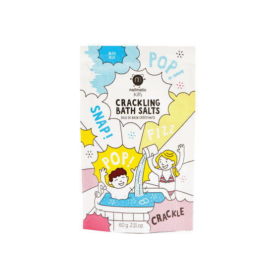 A packet of Nailmatic Kids Blue Crackling Bath Salts, designed for children, featuring a berry scent, fun popping sounds, and skin-nourishing ingredients.