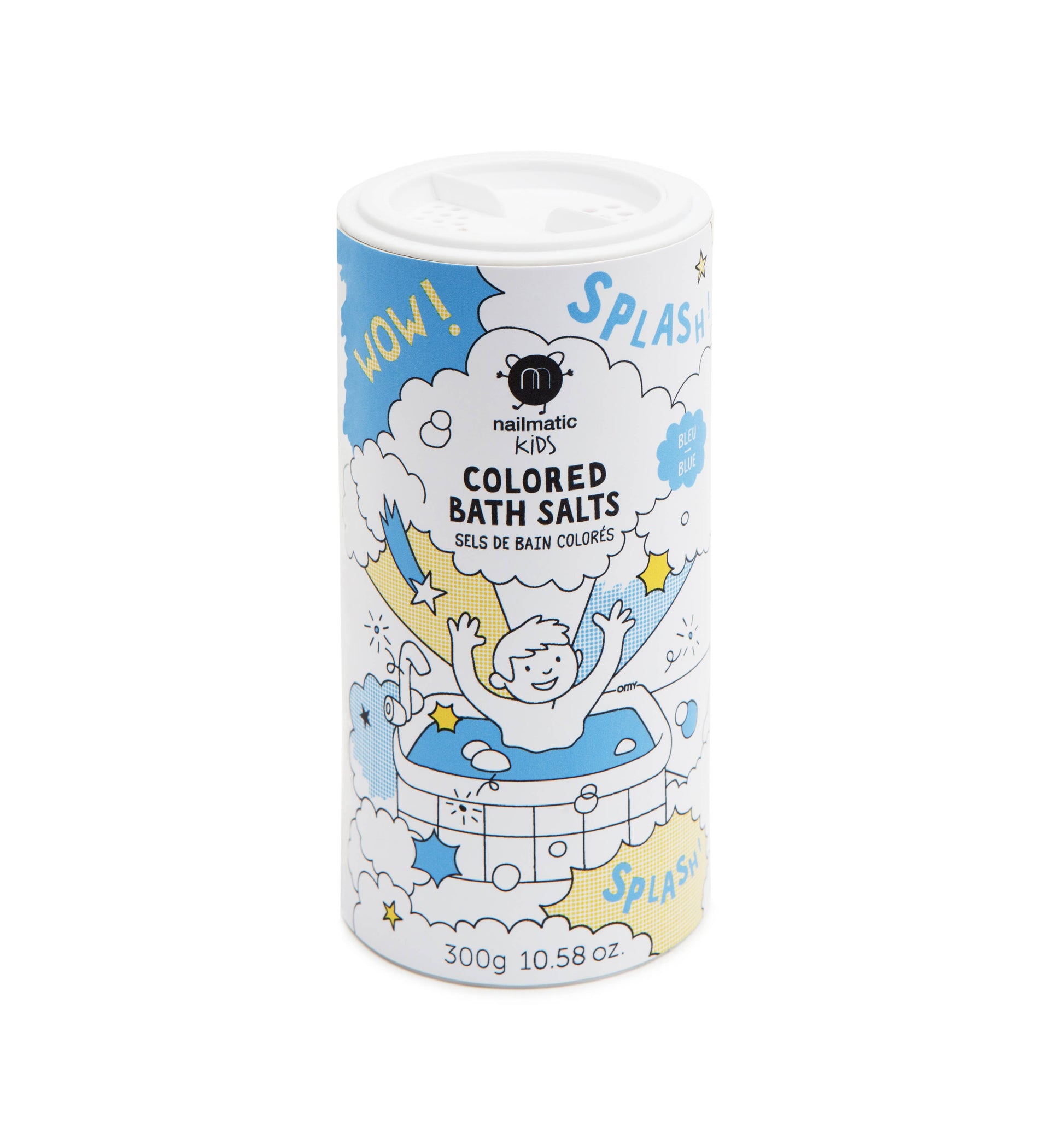 Blue foaming bath salts dissolving in water, creating frothy blue bubbles and a fun bath time experience for kids.