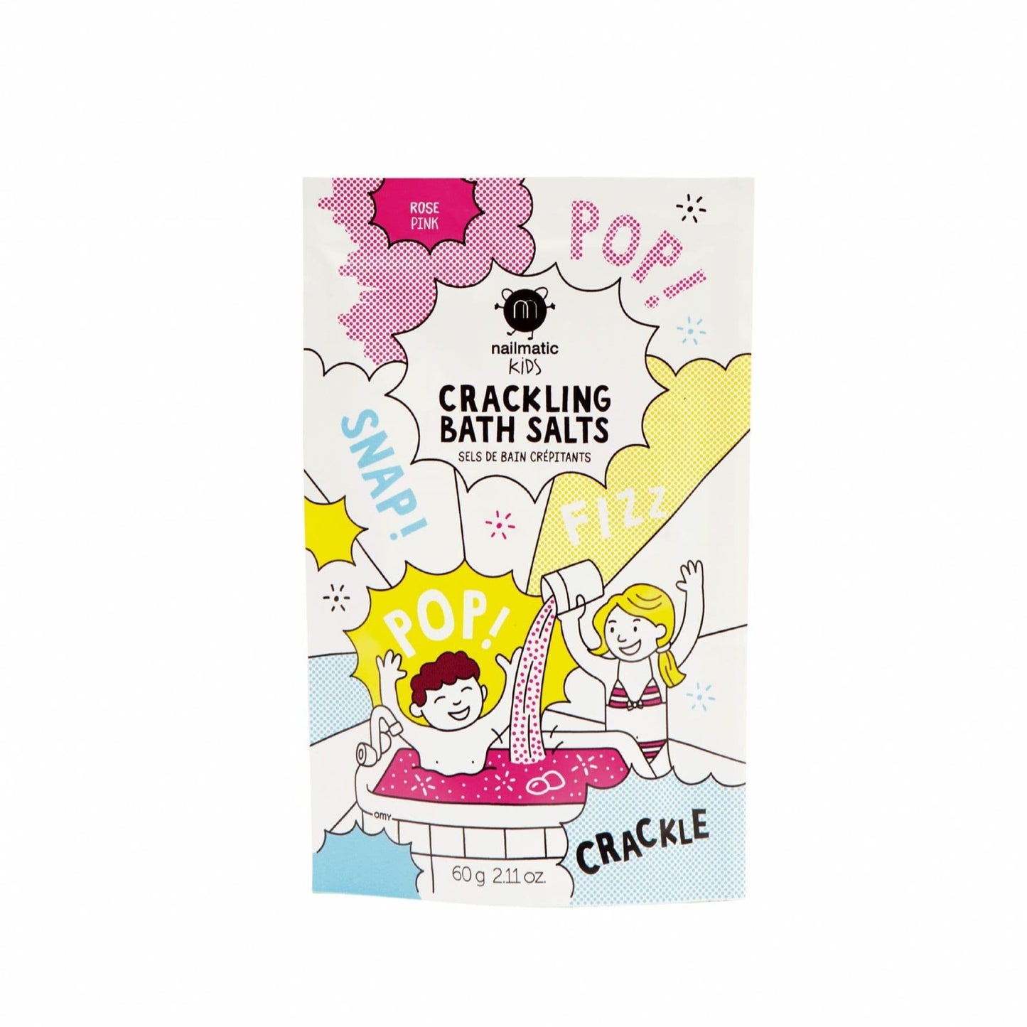 A packet of Nailmatic Kids Pink Crackling Bath Salts, designed for children, featuring a berry scent, fun popping effects, and skin-hydrating ingredients.