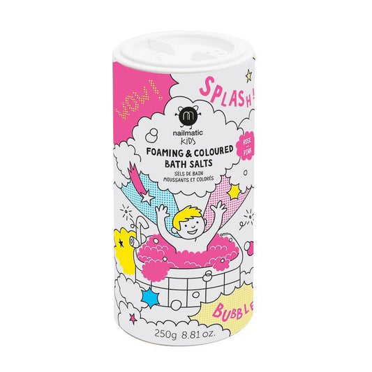 Pink foaming bath salts dissolving in water, creating frothy pink bubbles and a fun, magical bath time experience for kids.