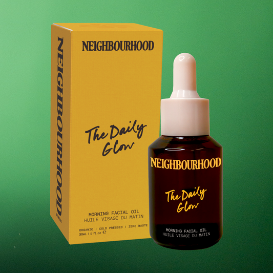 A bottle and box of morning facial serum, featuring minimalist, natural-toned packaging that highlights its premium, organic ingredients.