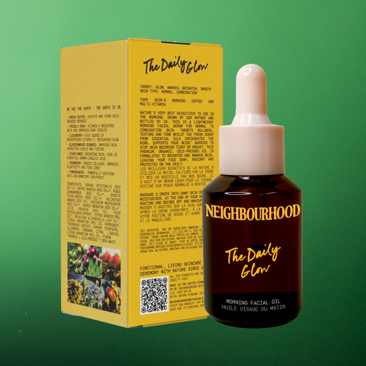 A bottle and box of morning facial serum, featuring minimalist, natural-toned packaging that highlights its premium, organic ingredients.