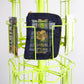 Black passport holder with Japanese text and design on a green metal stand.