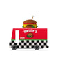 Animated food truck with a burger on top, labeled 'Patty's', on a white background