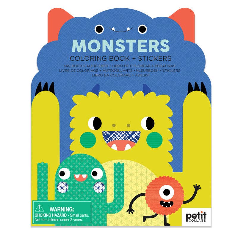 The book is die cut in a blue monster shape, he has a cute smiling face and red ears or horns. There is also a yellow fluffy monster, a green one with his hands in the air, and a round red monster with as single eye. All the posters look cute and friendly.