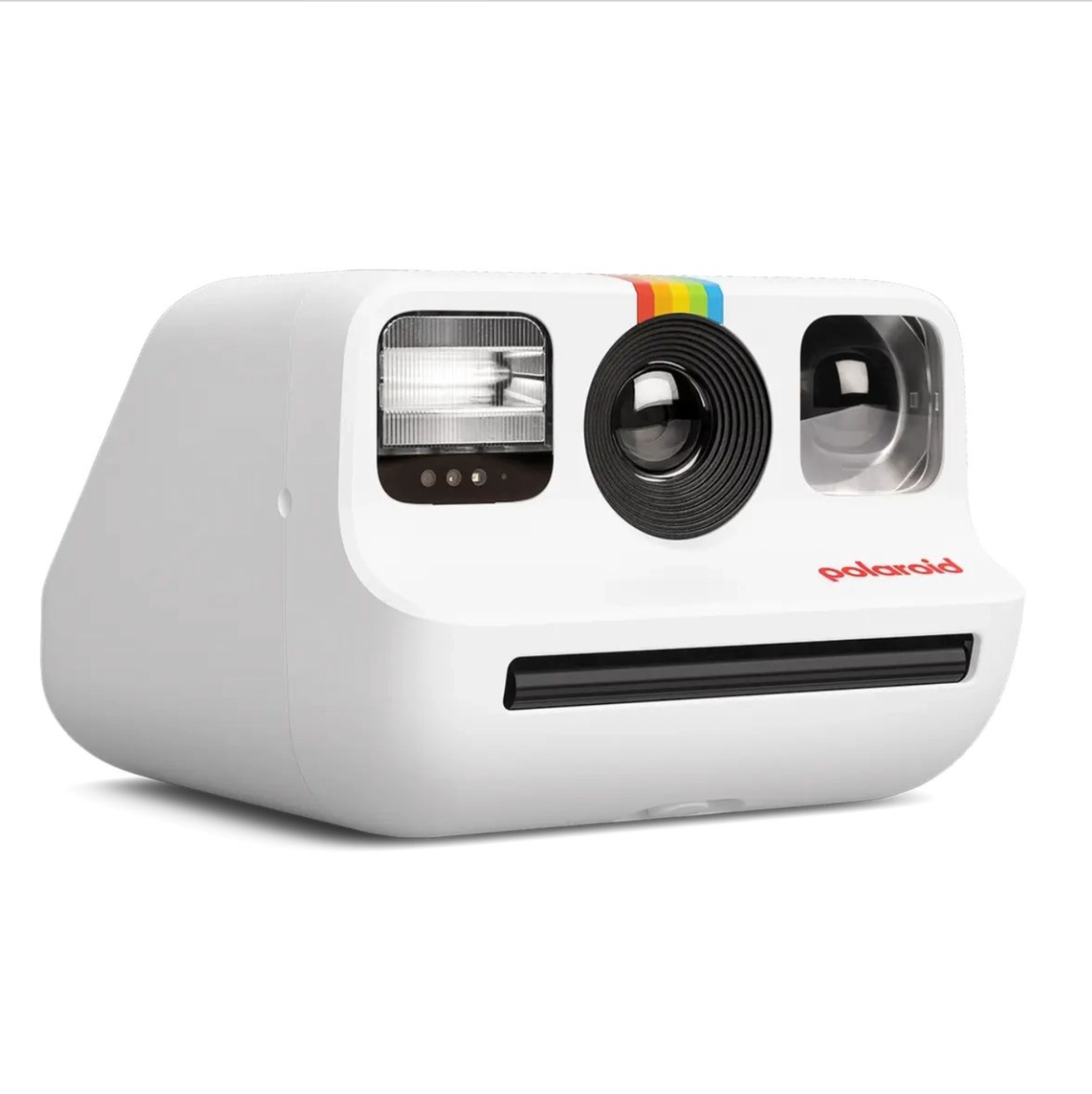 Polaroid Go Generation 2 Instant Camera in white, the world’s smallest instant camera with selfie mirror, self-timer, double exposure, and eco-friendly design made from 30% recycled materials. Includes rechargeable battery, USB-C cable, and wrist strap. Compatible with Polaroid Go film and filters