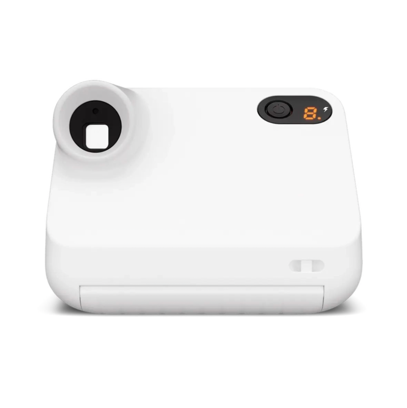 Polaroid Go Generation 2 Instant Camera in white, the world’s smallest instant camera with selfie mirror, self-timer, double exposure, and eco-friendly design made from 30% recycled materials. Includes rechargeable battery, USB-C cable, and wrist strap. Compatible with Polaroid Go film and filters. Shown from the back