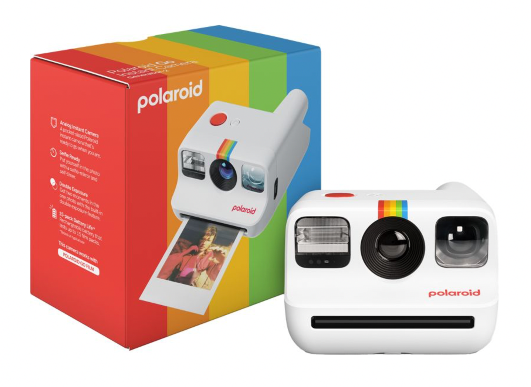 Polaroid Go Generation 2 Instant Camera in white, the world’s smallest instant camera with selfie mirror, self-timer, double exposure, and eco-friendly design made from 30% recycled materials. Includes rechargeable battery, USB-C cable, and wrist strap. Compatible with Polaroid Go film and filters. Shown with box