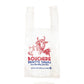 White tote bag with red and blue graphics and text on a white background