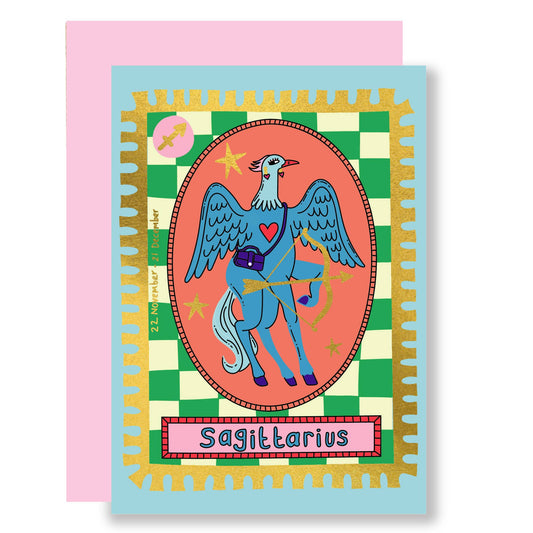 a bird centaur with a purple handbag in a pink circle background with a gold foil trim