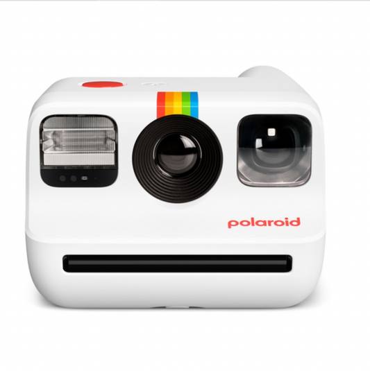 Polaroid Go Generation 2 Instant Camera in white, the world’s smallest instant camera with selfie mirror, self-timer, double exposure, and eco-friendly design made from 30% recycled materials. Includes rechargeable battery, USB-C cable, and wrist strap. Compatible with Polaroid Go film and filters. Shown from the front