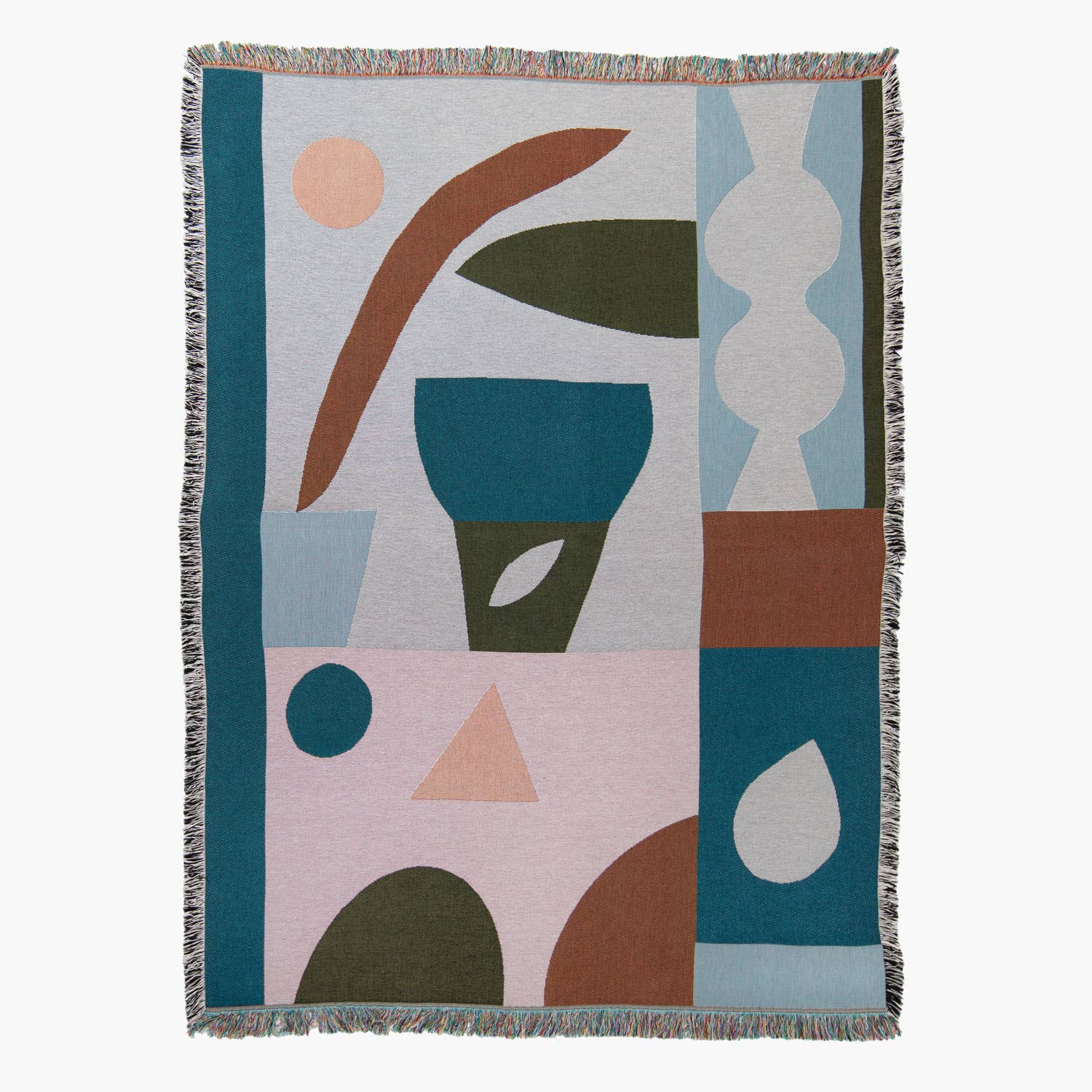 The Felix Throw laid flat, revealing its full abstract composition. Featuring curved and angular forms in a balanced palette of blues, browns, and blush tones, it doubles as a functional art piece.