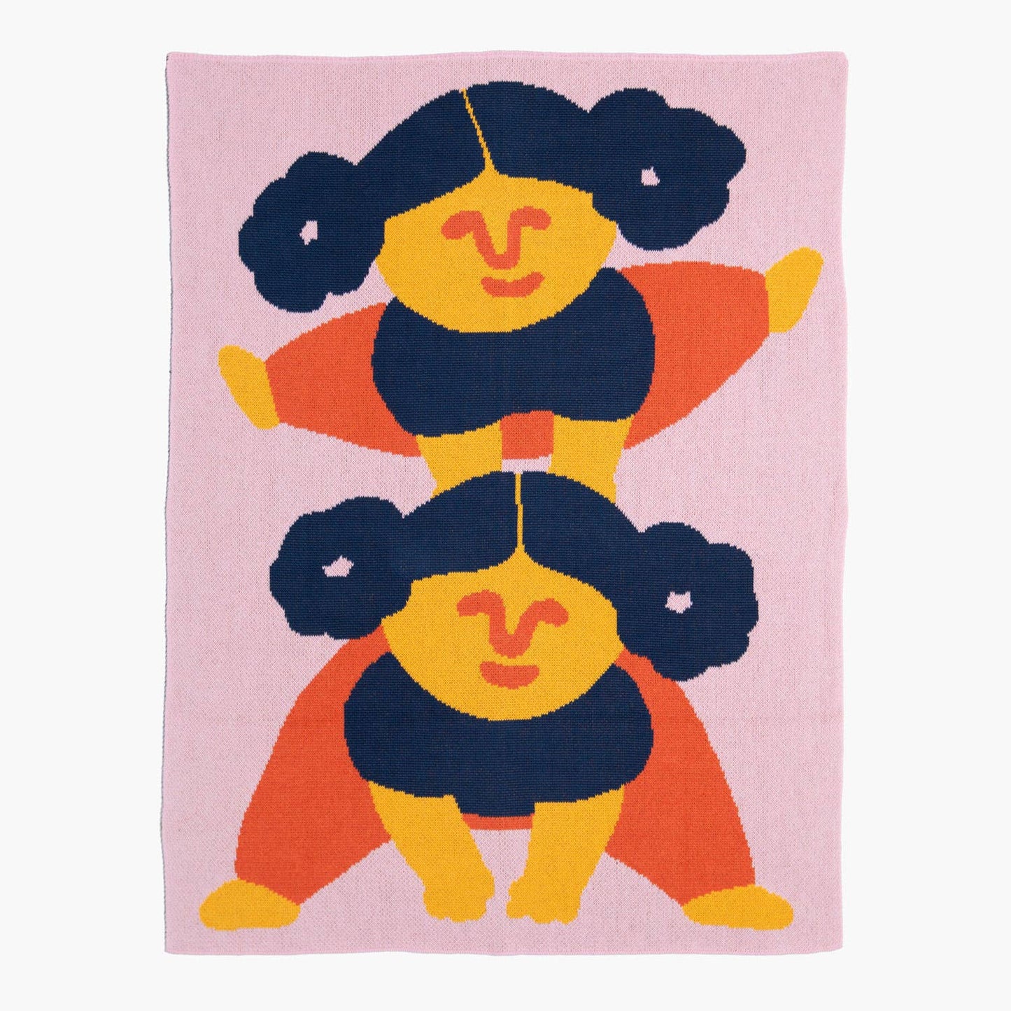 The full Leapfrog Mini Blanket, displaying its stacked figures in a vibrant, abstract composition against a soft pink backdrop. A modern take on a baby essential.