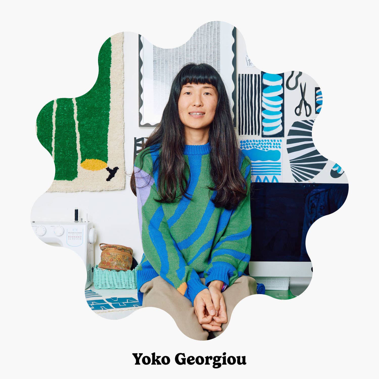 A portrait of Yoko Georgiou, the Australian-based Japanese artist behind the Leapfrog Mini Blanket, known for her bold, graphic style and textile designs.