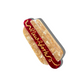 A hot dog-shaped hair claw featuring a marbled beige bun and deep red sausage, finished with gold detailing. The word 'New York' is written in mustard-like script across the top, adding a playful touch. The clip casts a soft shadow against a white background.