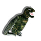 A close-up of the Solar Eclipse hand-painted T-Rex claw clip, featuring a detailed green dinosaur with black markings, gold linework, and a fierce open-mouthed expression. Crafted from eco-friendly cellulose acetate, it casts a soft shadow on a white background.