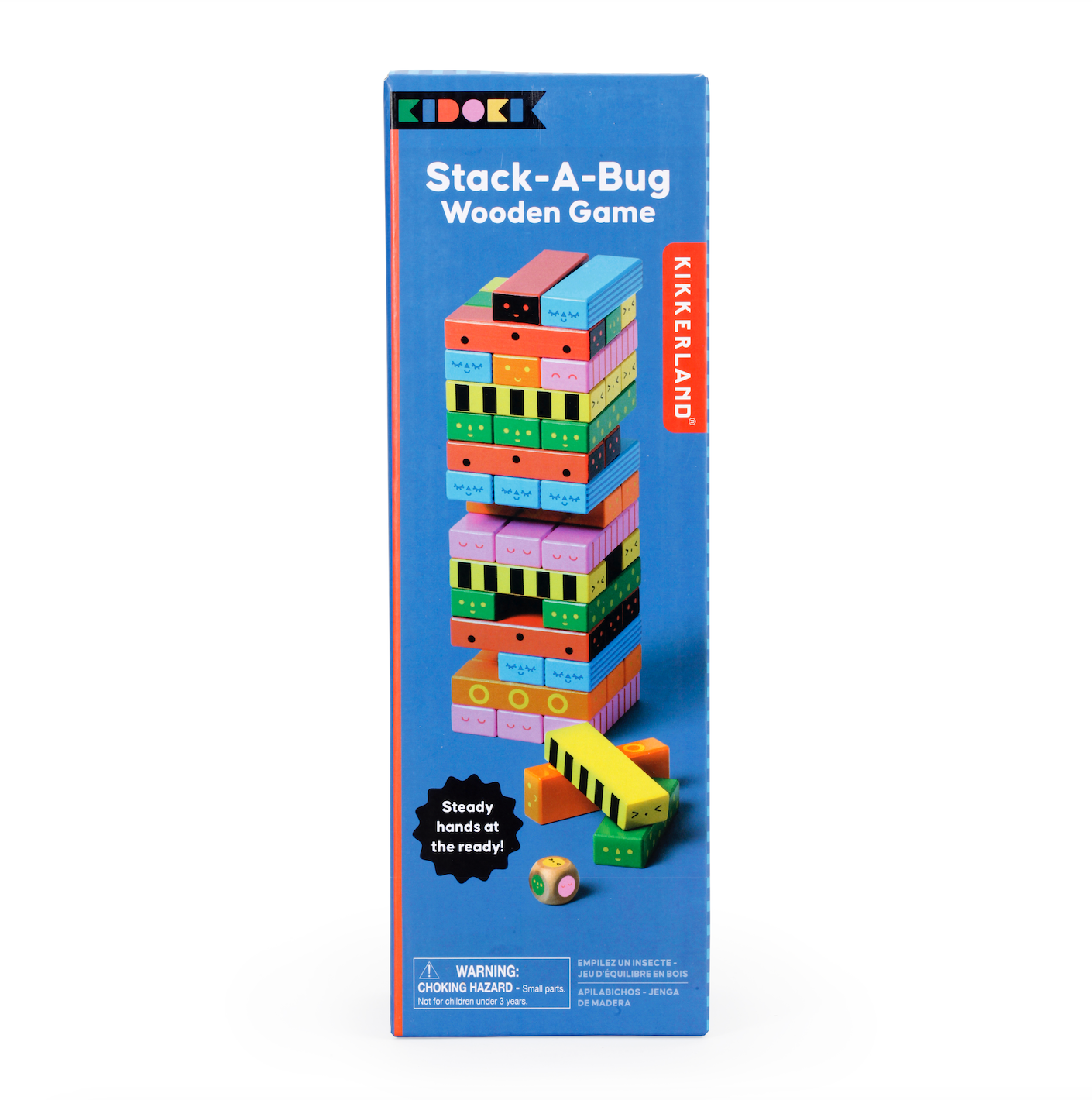 Stack-A-Bug Wooden Game packaging. The box features a blue background with an image of colourful wooden blocks stacked into a tower, each decorated with playful bug-like faces and patterns. A label reads 'Steady hands at the ready!' and includes a warning about small parts, not suitable for children under 3 years. The Kidoki and Kikkerland logos are also present.