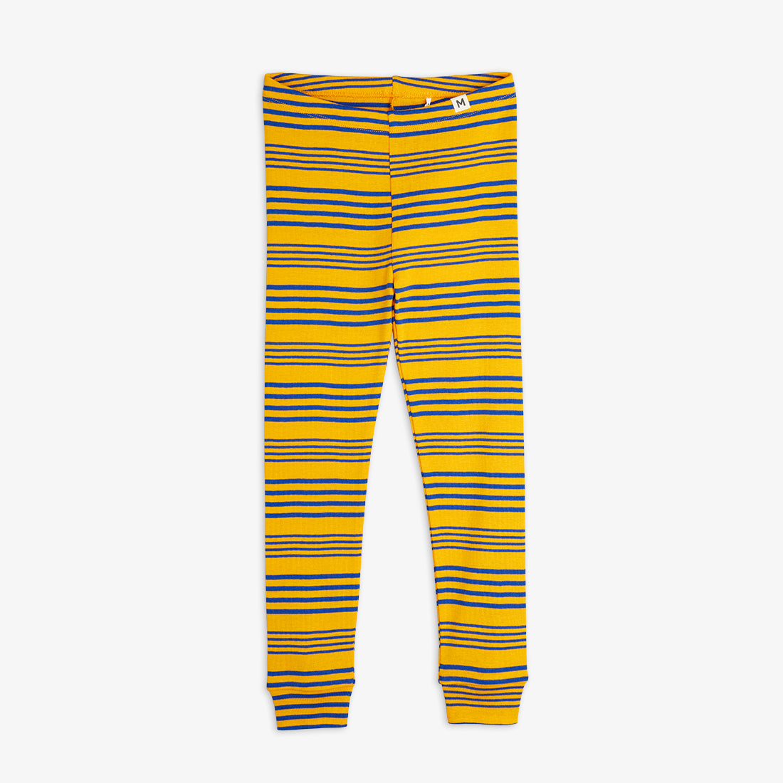 Mini Rodini striped ribbed leggings in a yellow base with horizontal blue and black stripes. Featuring a snug, stretchy fit with ribbed cuffs and an elasticated waistband for comfort.