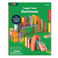 Topple Twist Dominoes wooden toy set packaging. The box features a green background with an image of colorful dominoes arranged in a creative course, including ramps, arches, and platforms. A label highlights 'Two ways to play – traditional & topple!' and a warning notes small parts, not suitable for children under 3 years. The Kikkerland and Kidoki logos are present on the packaging.