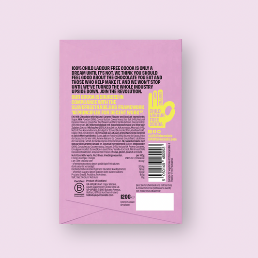 Back of a chocolate bar packaging with text and a barcode on a light purple background