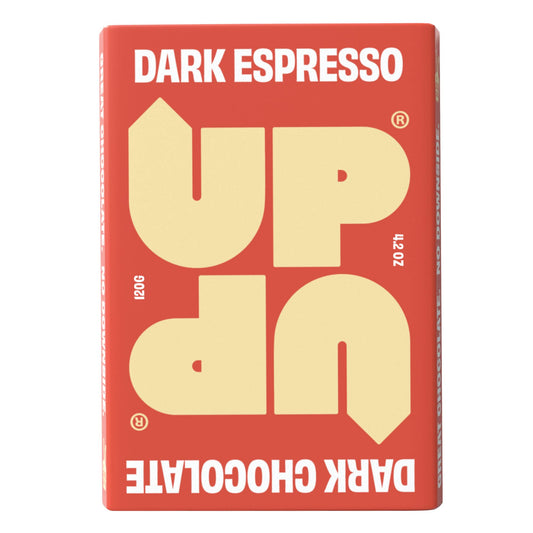 Red and yellow dark espresso chocolate packaging with 'UP UP' branding on a white background