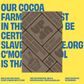 Graphic of a bar of UP UP Chocolate on a yellow and blue background with text indicating the chocolate is certified by a slave free trade org