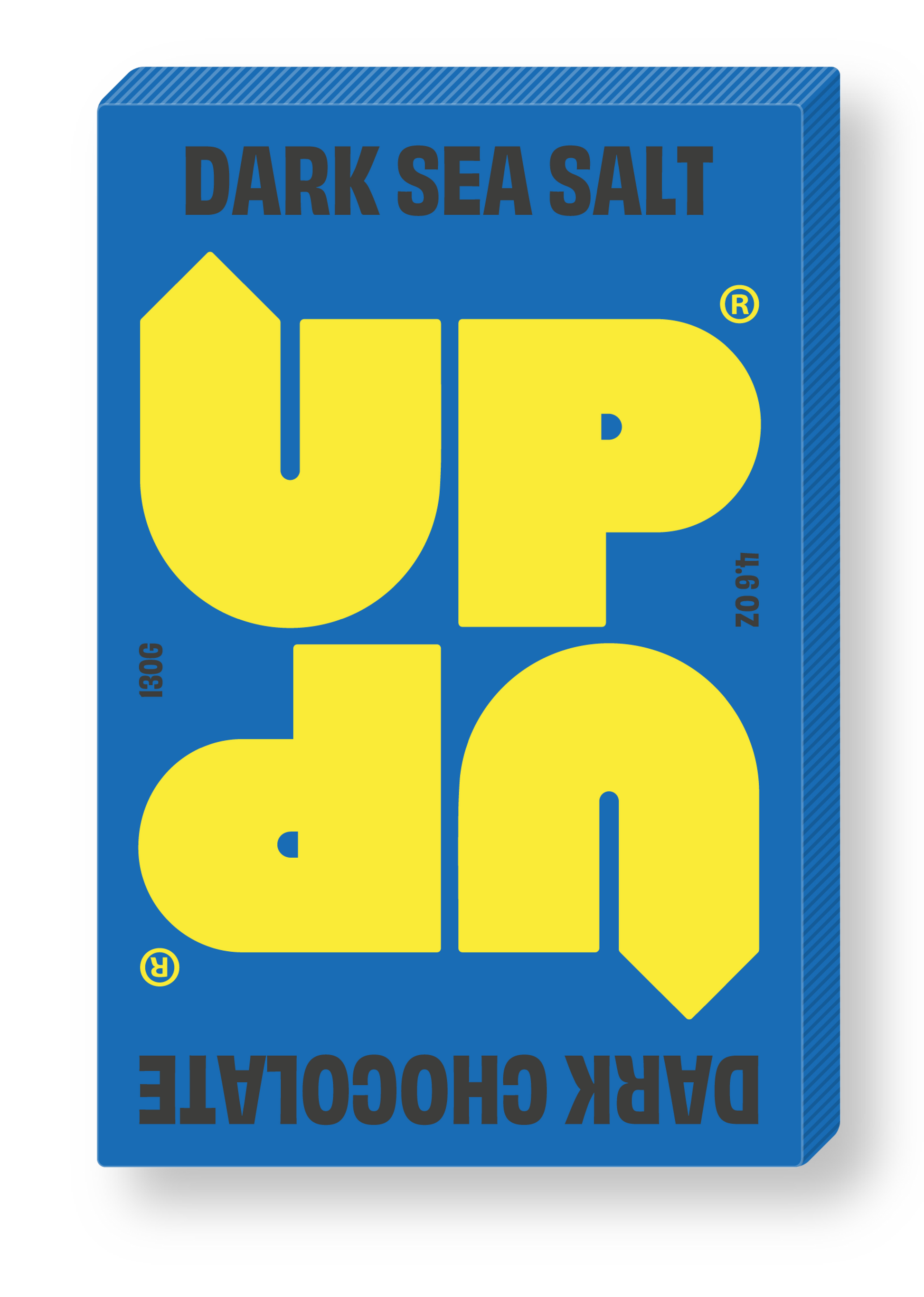 UP UP Dark Sea Salt Chocolate with blue packaging and branding