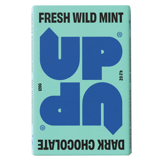 Bar of UP UP Fresh Wild Mint Dark  Chocolate with a light blue and black packaging on a white background