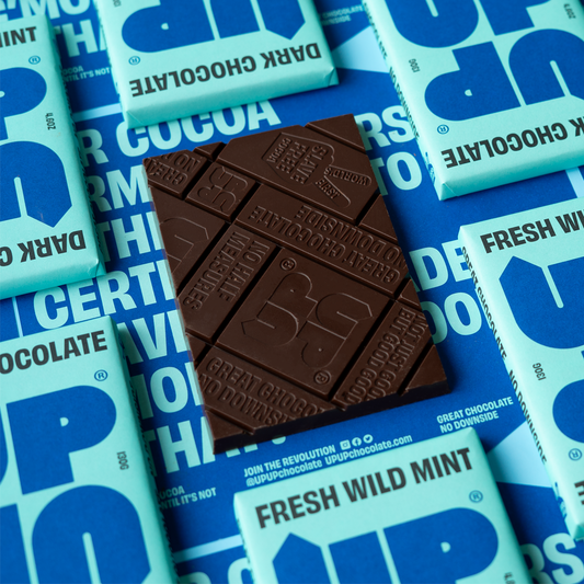 Chocolate bar on top of 'UP UP' blue chocolate packaging