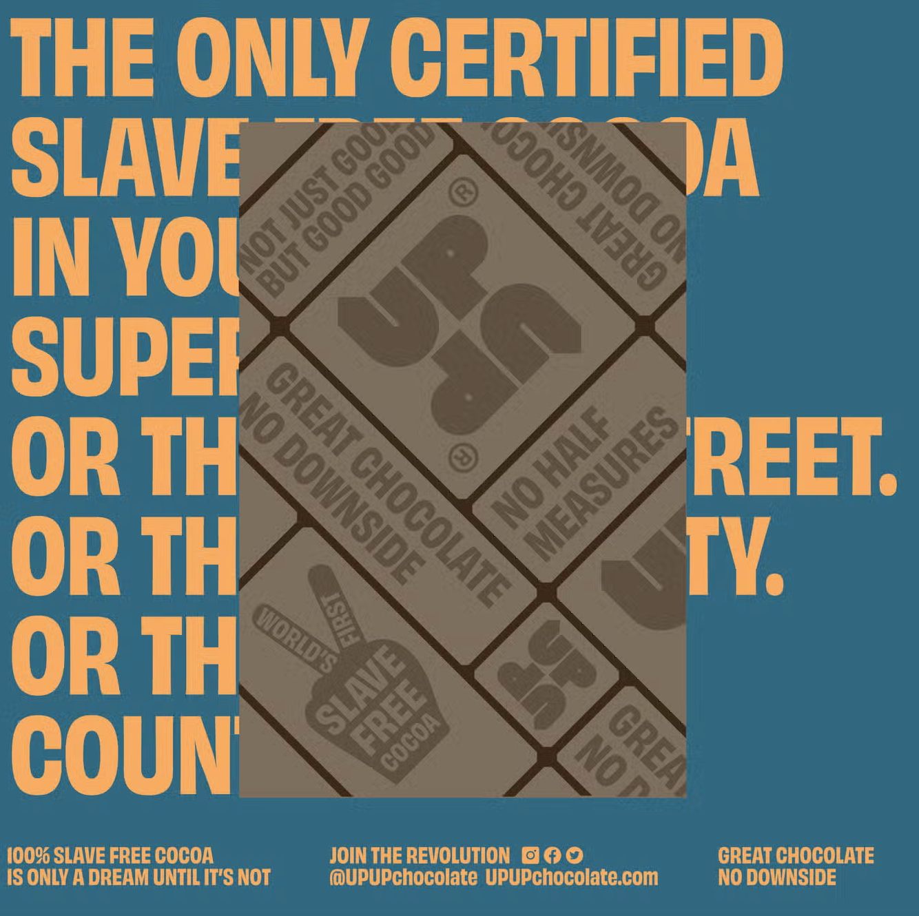 Graphic of a chocolate bar on text on a blue background about a cocoa farm being certified by Slave Free Trade.org 