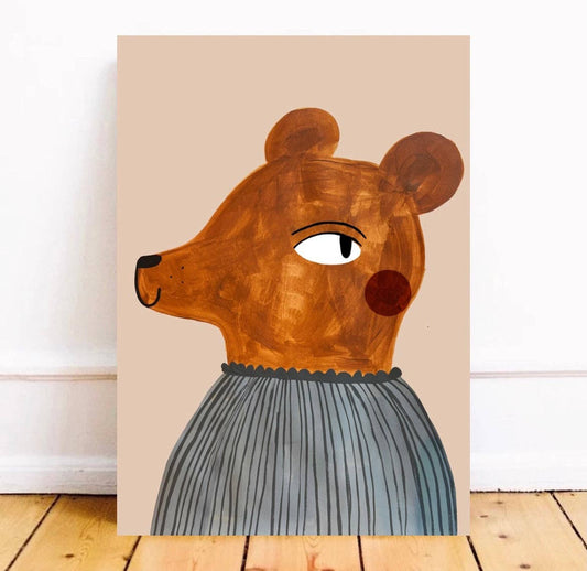 Mr Leopard print by Yaya Studio featuring a playful baby bear in a bright blue jumper, hand-painted artwork designed for children's spaces, perfect for nurseries and playrooms.