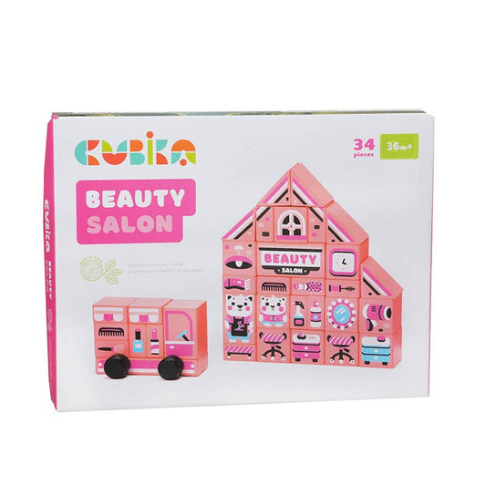 Cubika Beauty Salon toy set packaging with pink building blocks and a beauty salon model.