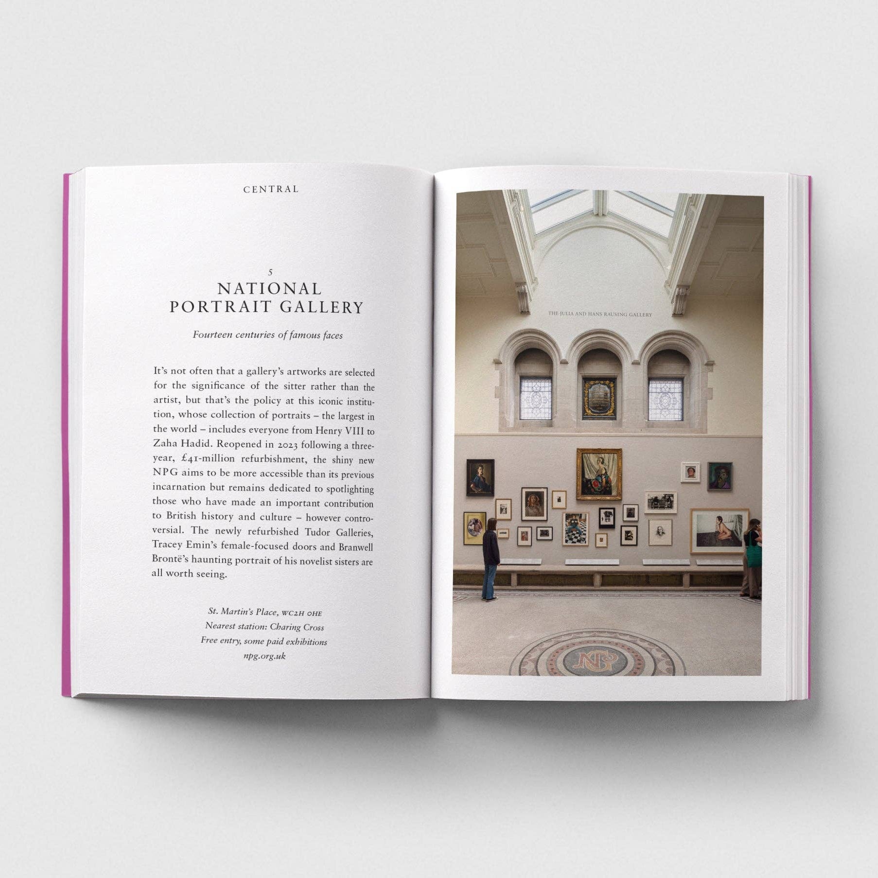 Open book showing a page with text and an image of a gallery interior.