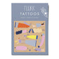 Nukk tattoos packaging with colorful illustrations on a beige background