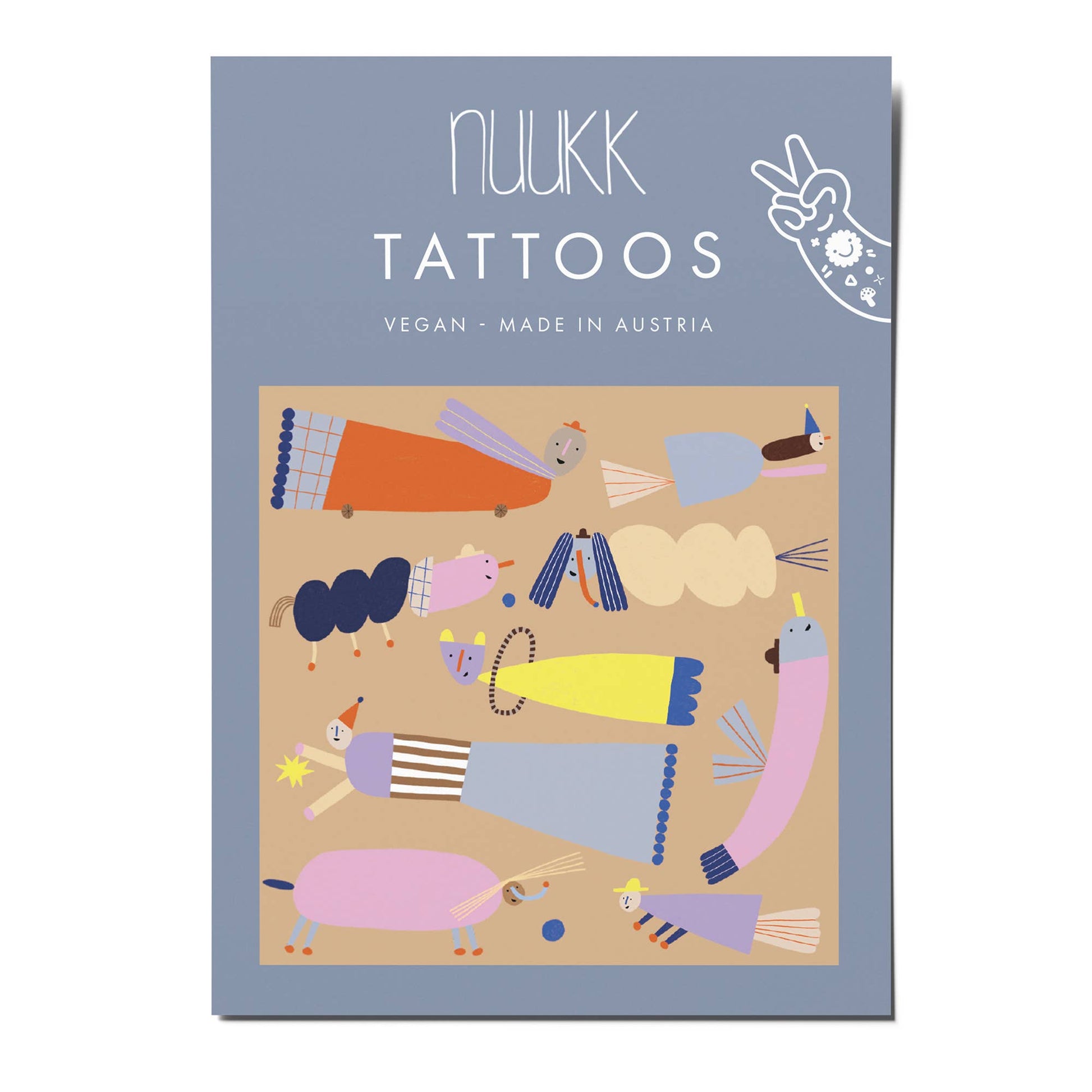 Nukk tattoos packaging with colorful illustrations on a beige background