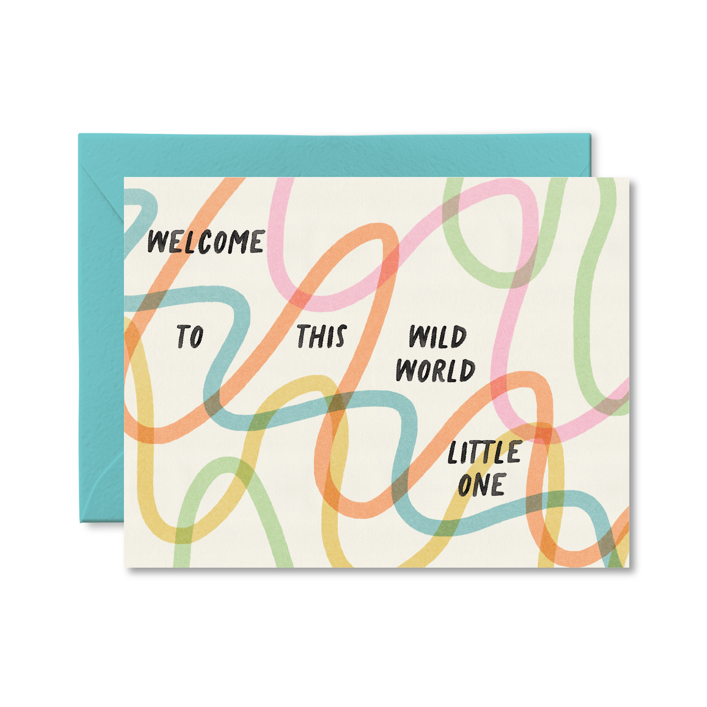 Greeting card with colorful text and a blue envelope on a white background