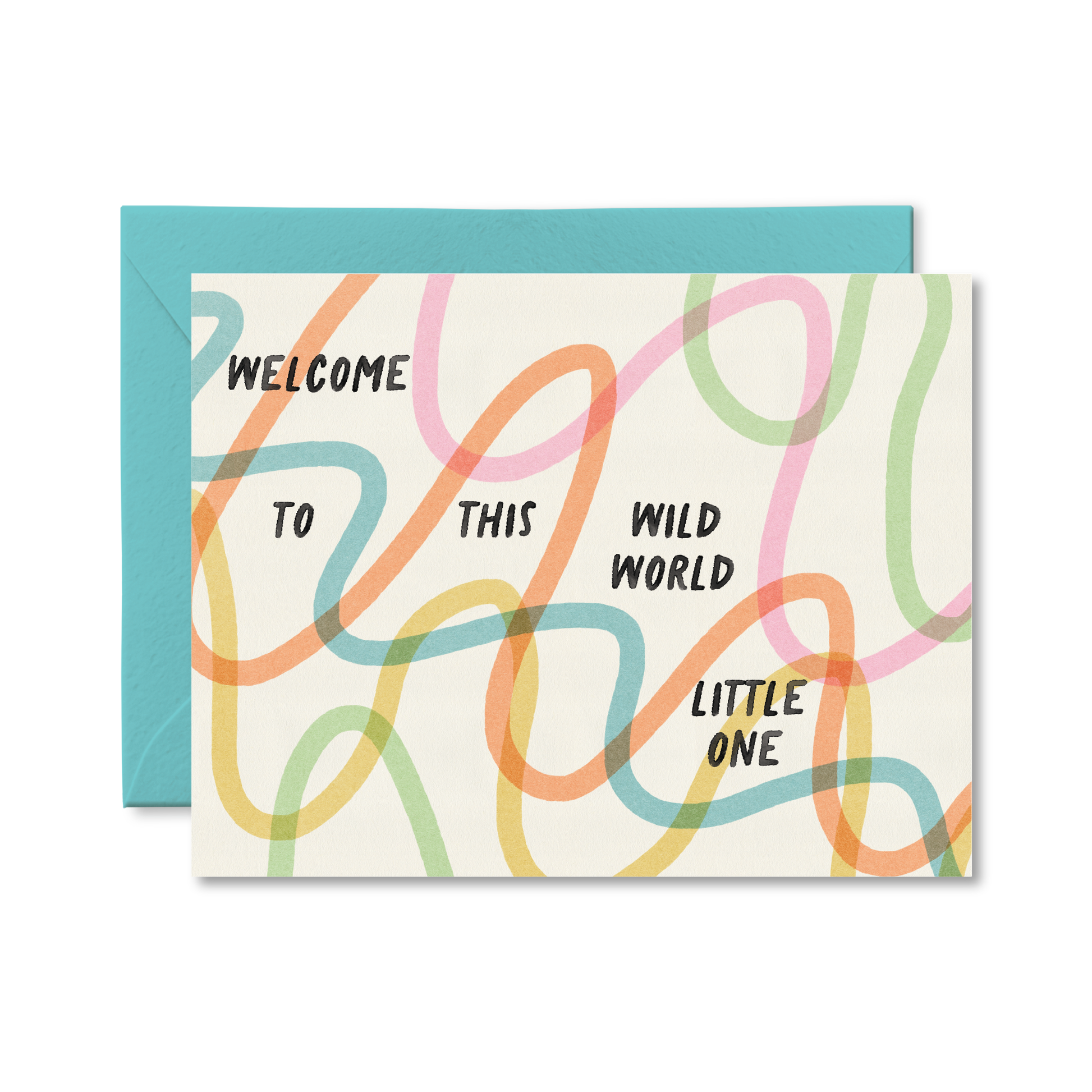Greeting card with colorful text and a blue envelope on a white background