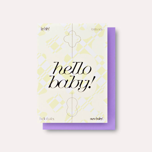 Card with 'hello baby!' text on a white background
